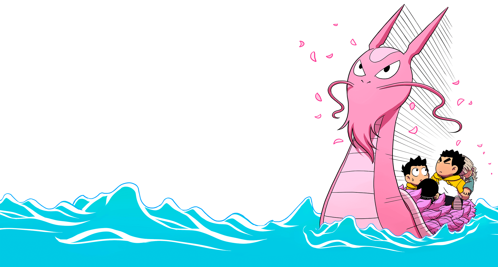 Pink dragon character with children